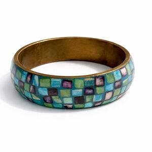 Vintage Mosaic Inlaid Brass Bangle Bracelet 8” Turquoise Blue Green Purple Tile